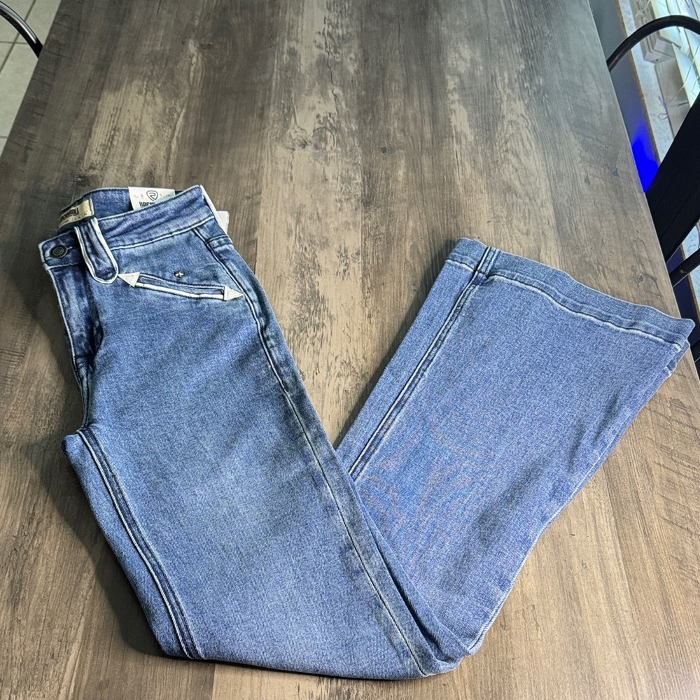 Rock & Roll Y2K Western Denim Women's Blue Flare Jeans With White Accents